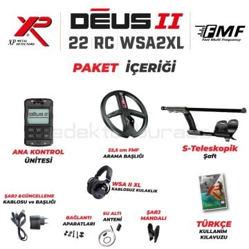 Deus 2 Dedektör - 22,5cm FMF Başlık, Ana Kontrol Ünitesi, WSA2XL Kulaklık