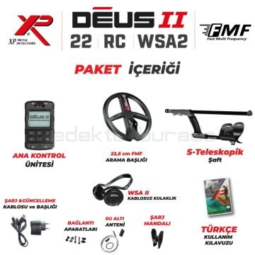 Deus 2 Dedektör - 22,5cm FMF Başlık, Ana Kontrol Ünitesi, WSA2 Kulaklık