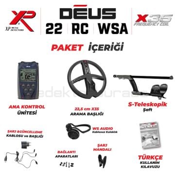 DEUS  Dedektör- 22,5cm X35 Başlık, Ana Kontrol Ünitesi (RC), WSAUDIO Kulaklık - FULL PAKET
