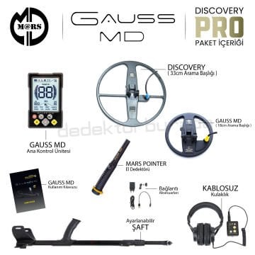 GAUSS MD Dedektör – Discovery 33cm + 18cm Başlık – Pinpointer + Kulaklık