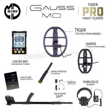 GAUSS MD Dedektör – TIGER 33x25,5cm + SNIPER 25x15cm Başlık – Pinpointer + Kulaklık